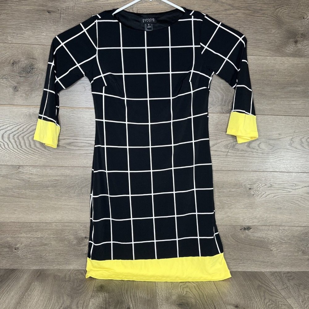 Enfocus Studio Dress Womens 8 Black White Squares Yellow Cuff & Hem Knee Length - Picture 2 of 8